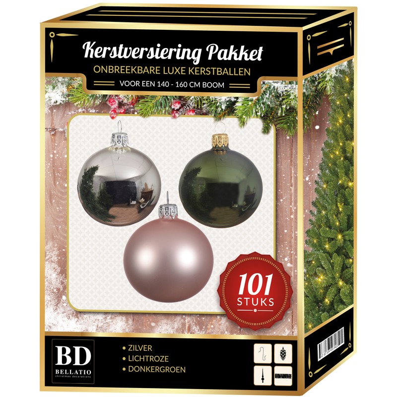 101 stuks Kerstballen mix zilver-roze-groen voor 150 cm boom