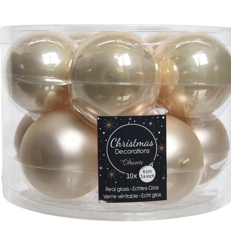 10x Licht parel-champagne glazen kerstballen 6 cm glans en mat