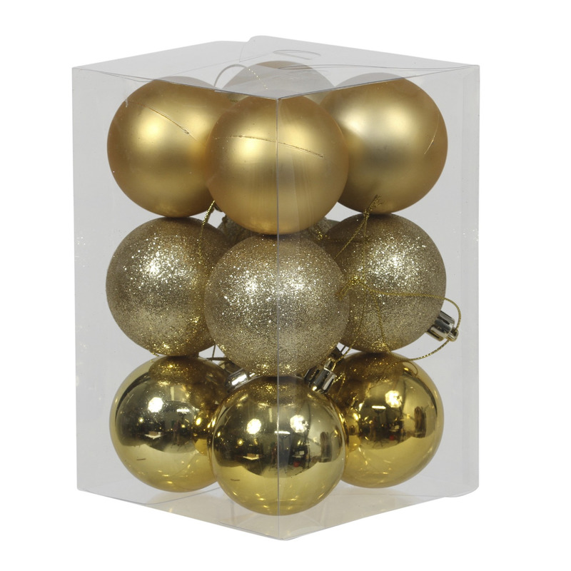12x Gouden kunststof kerstballen 6 cm glans-mat-glitter