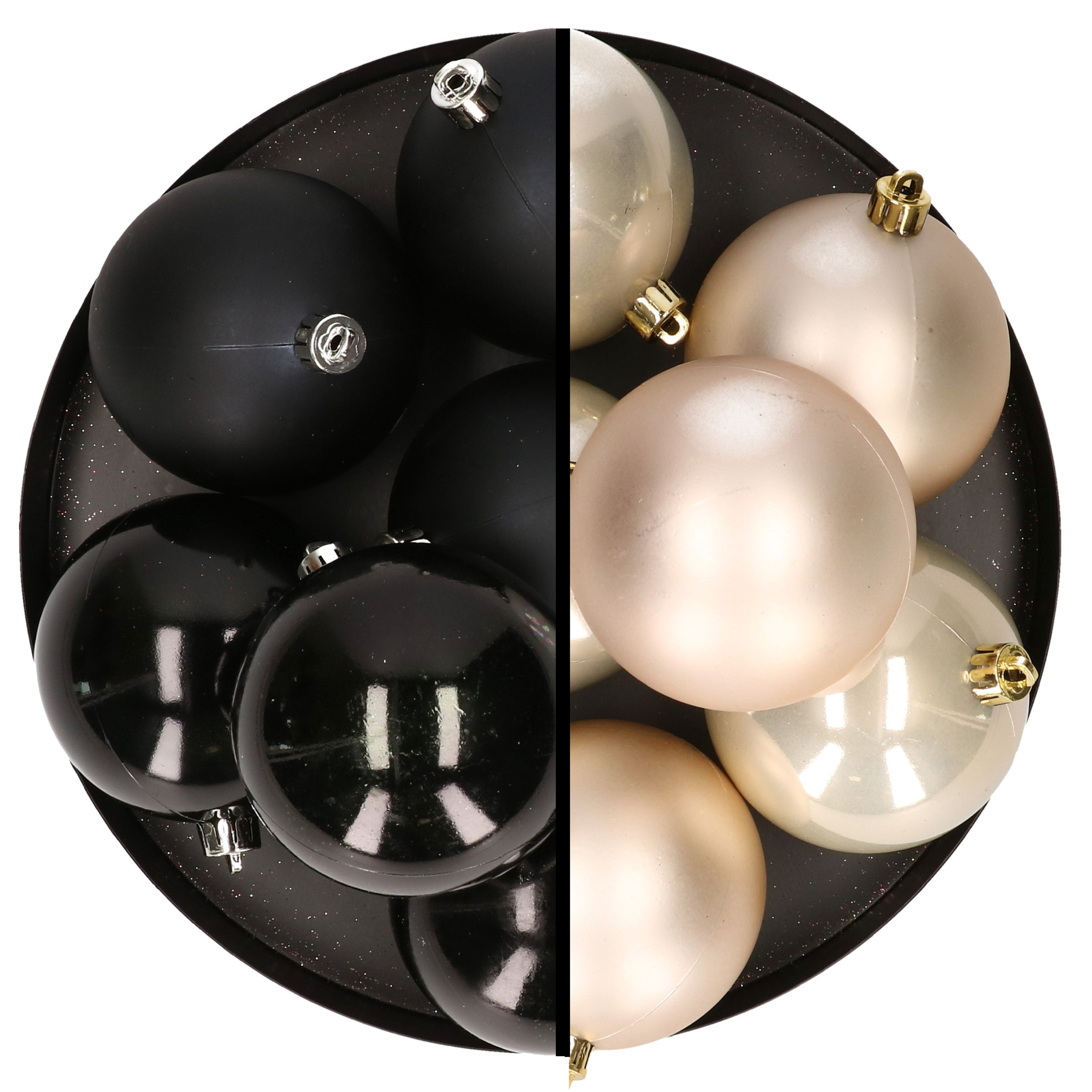 12x stuks kunststof kerstballen 8 cm mix van zwart en champagne