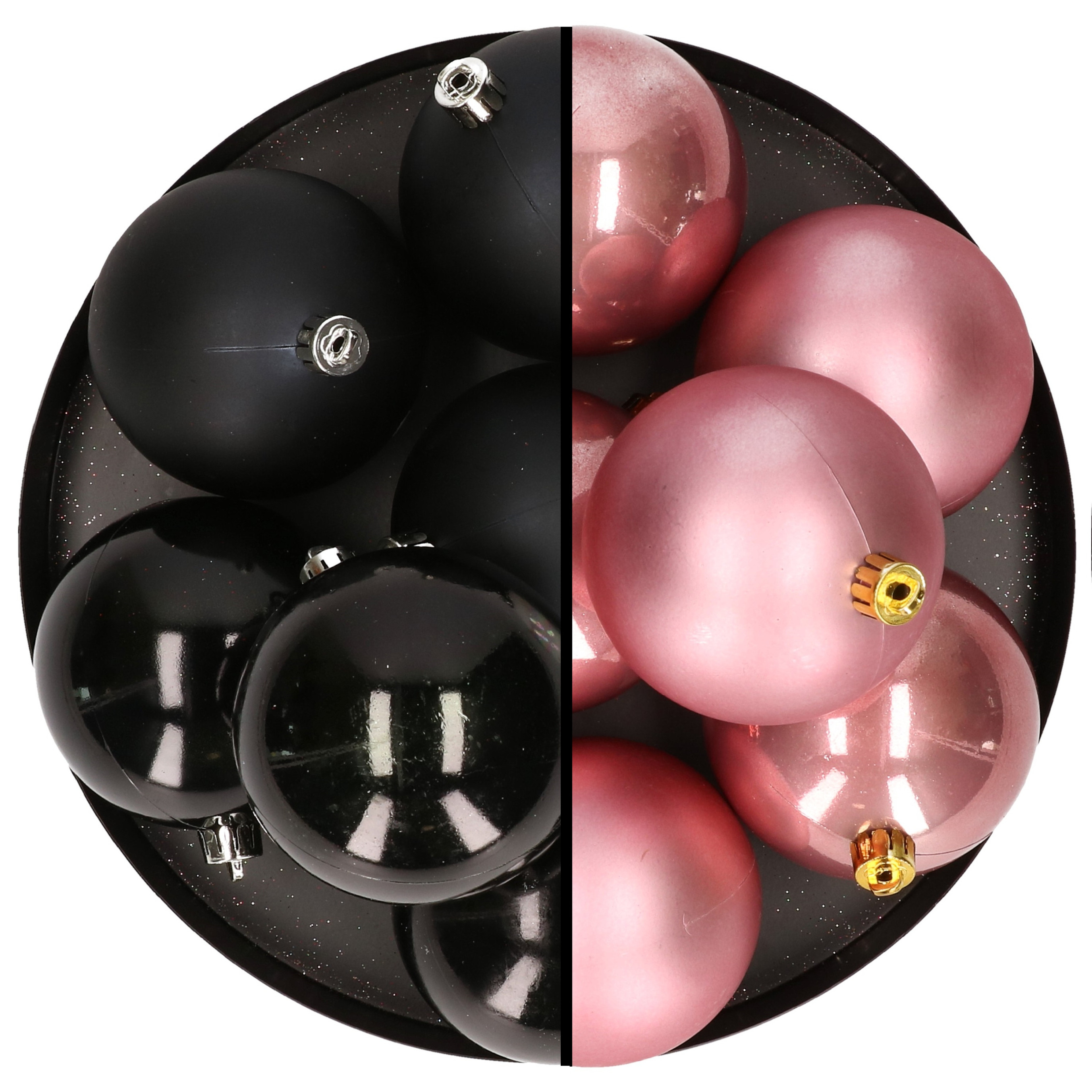 12x stuks kunststof kerstballen 8 cm mix van zwart en velvet roze