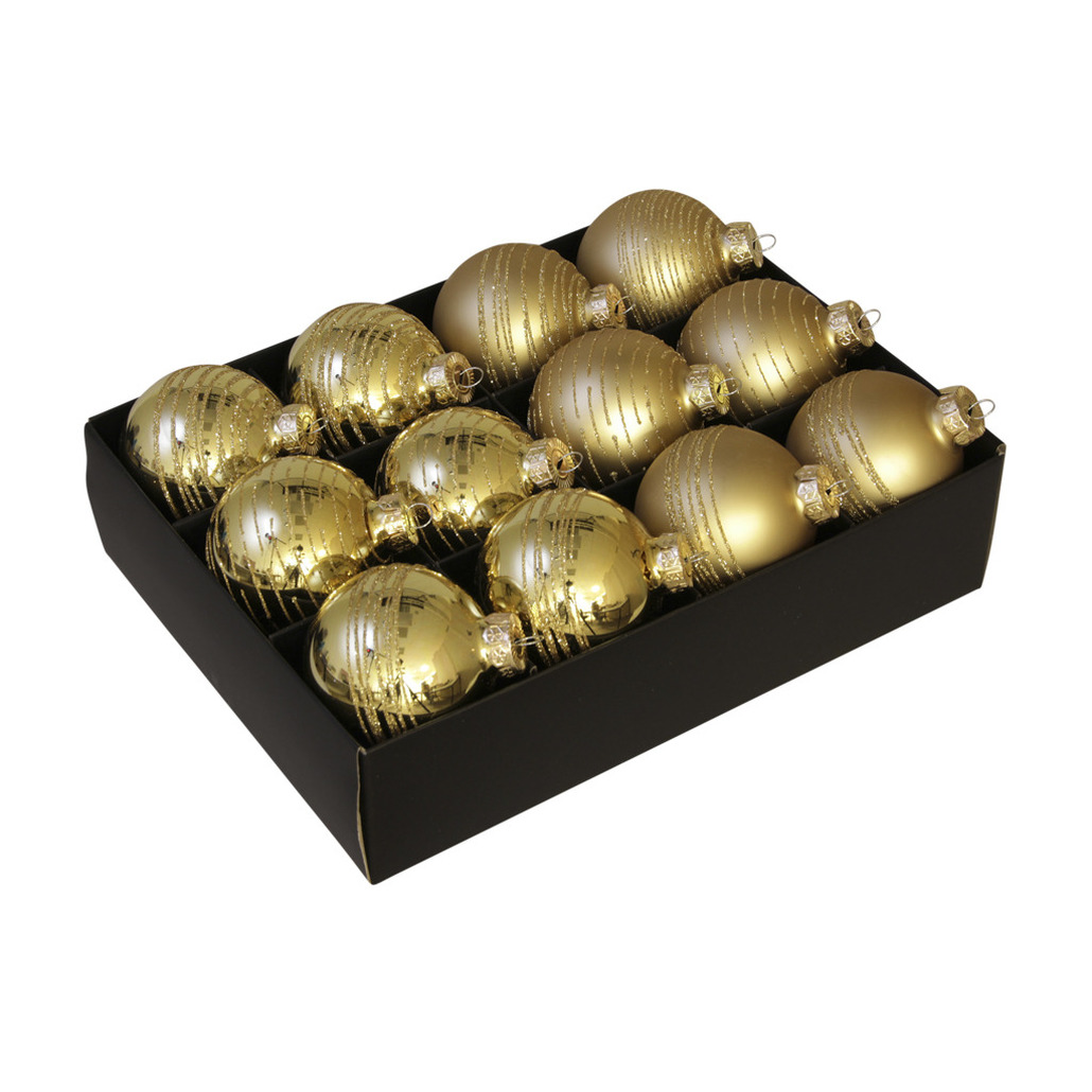 12x stuks luxe glazen gedecoreerde kerstballen goud 7,5 cm