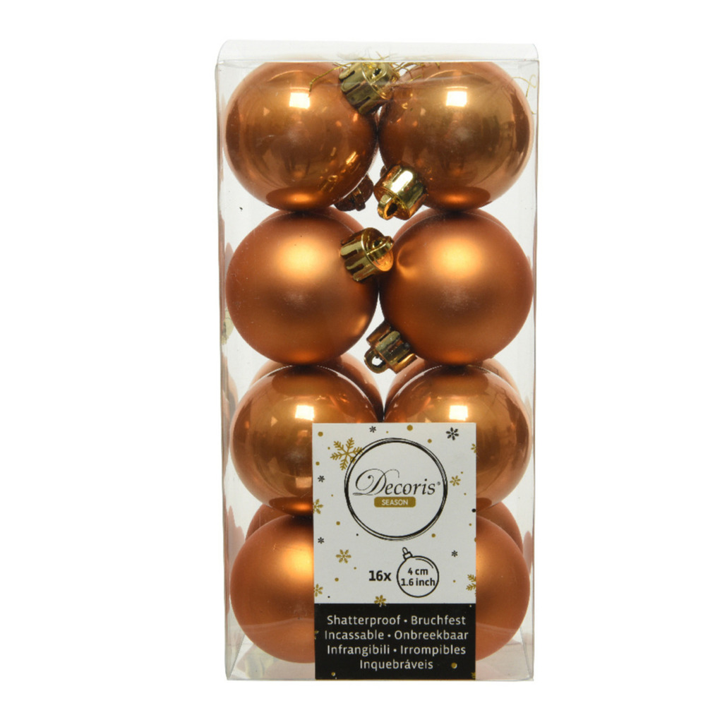 16x stuks kunststof kerstballen cognac bruin (amber) 4 cm glans-mat