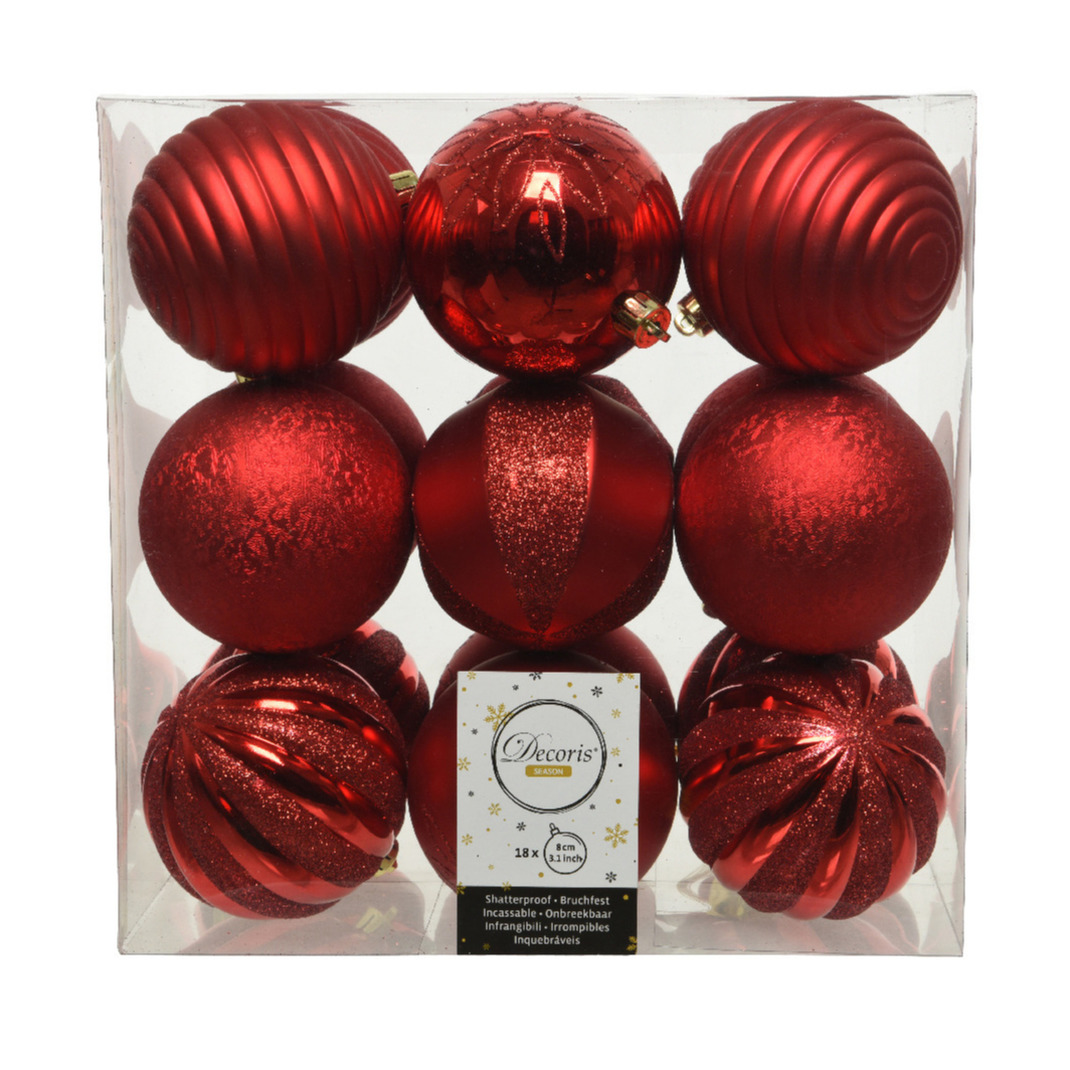 18x stuks kunststof kerstballen rood 8 cm met luxe afwerking