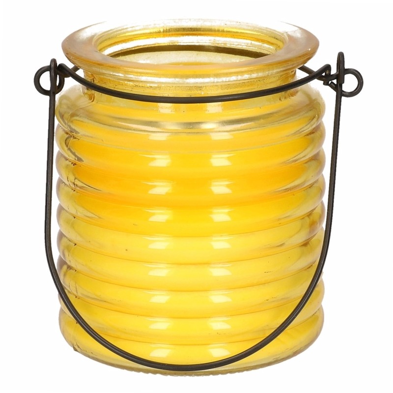 1x Citronellakaarsen in geel geribbeld glas 7,5 cm