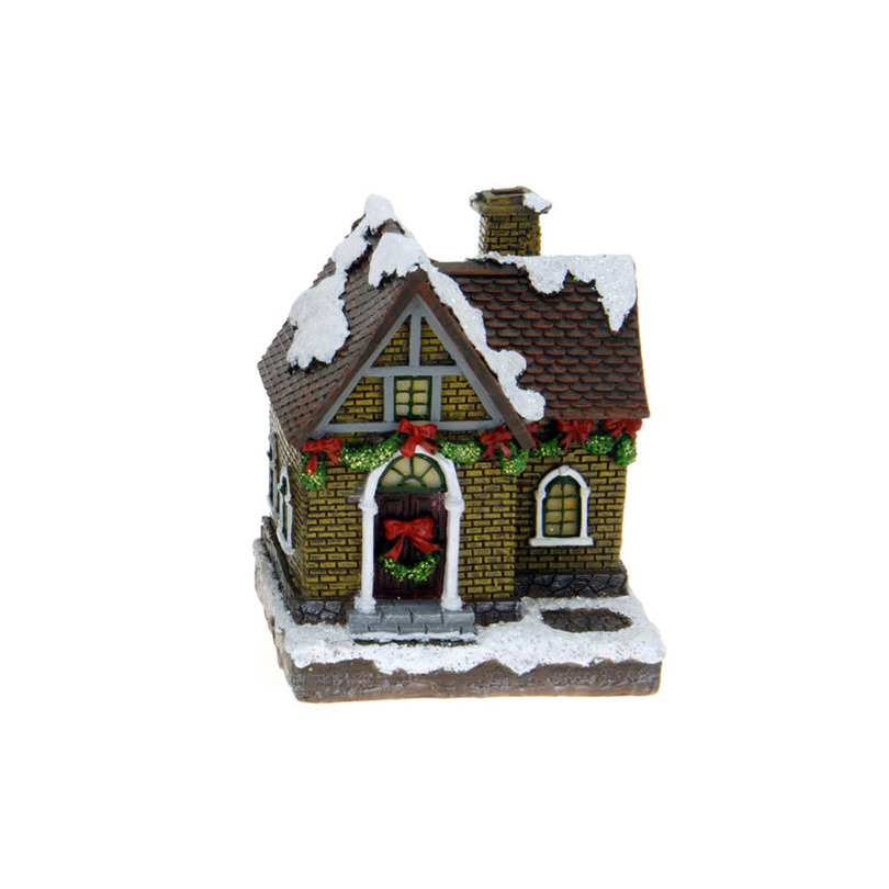 1x Polystone kersthuisjes-kerstdorpje huisjes gele stenen met verlichting 13,5 cm