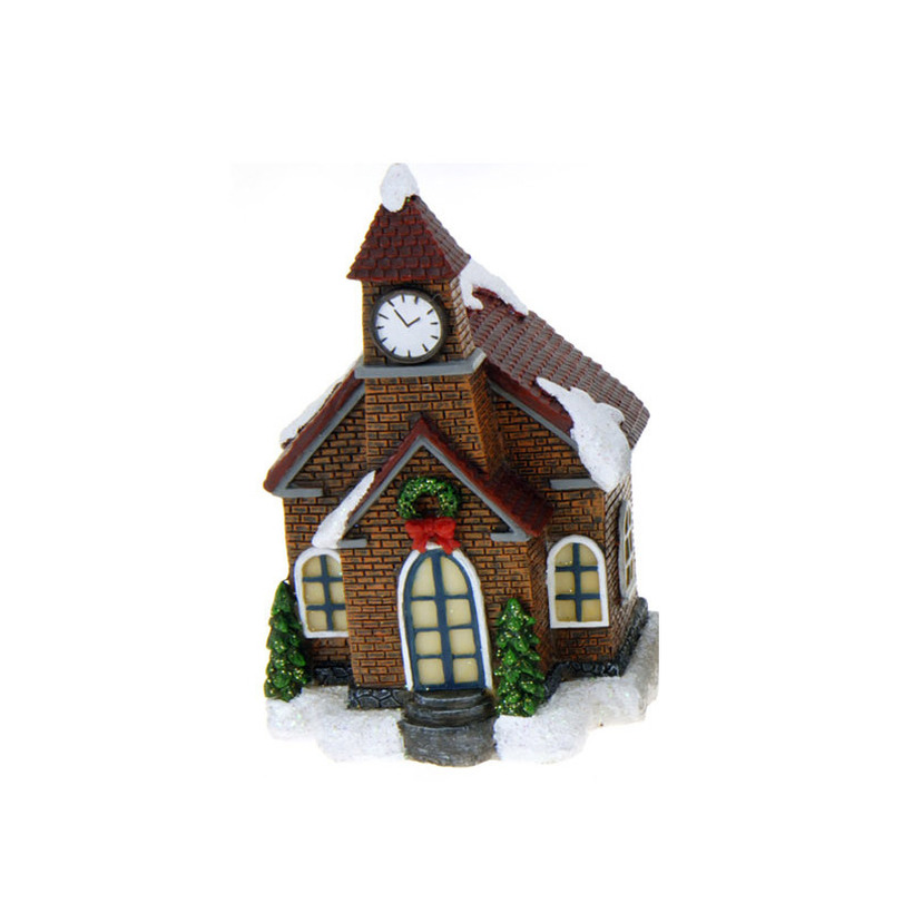 1x Polystone kersthuisjes-kerstdorpje huisjes kerkje met verlichting 13,5 cm