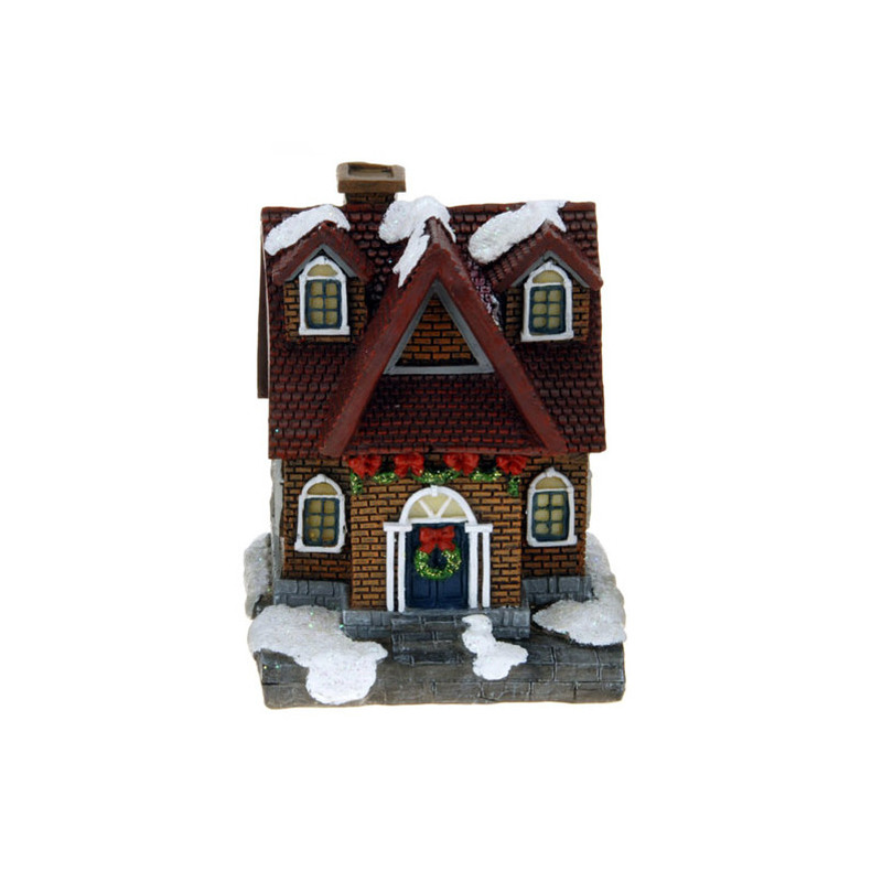 1x Polystone kersthuisjes-kerstdorpje huisjes rood dak met verlichting 13,5 cm
