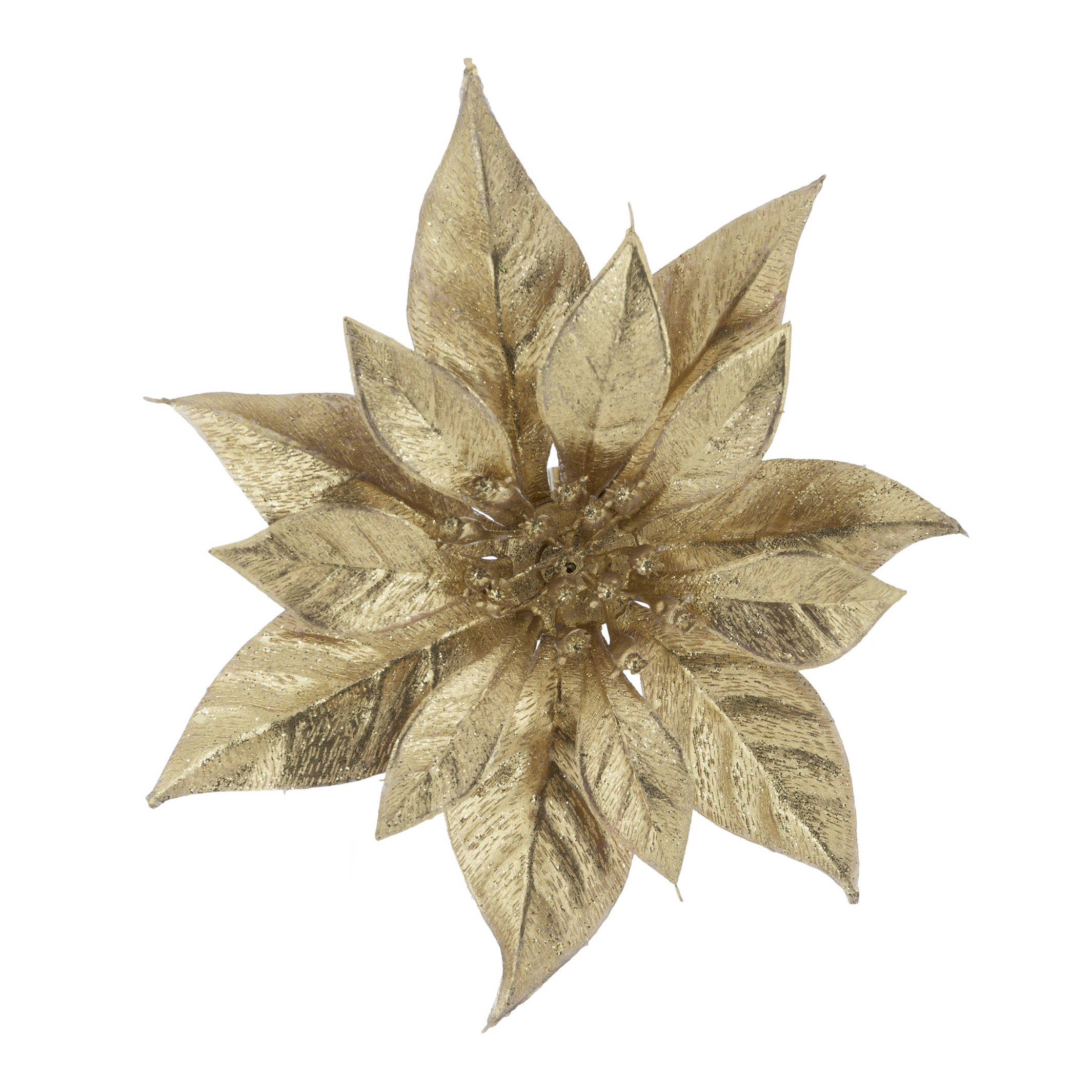 1x stuks decoratie bloemen kerstster goud glitter op clip 18 cm