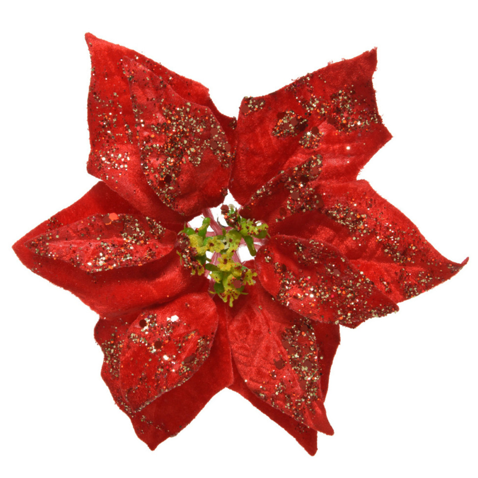 1x stuks decoratie bloemen kerstster rood glitter op clip 20 cm