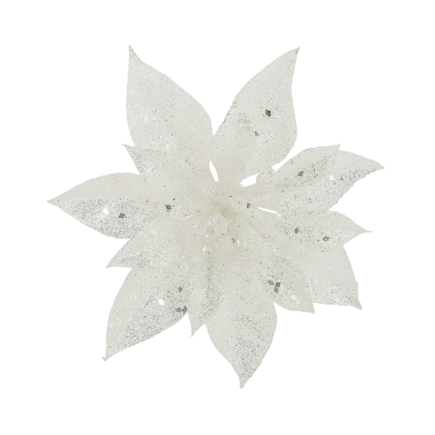 1x stuks decoratie bloemen kerstster wit glitter op clip 15 cm