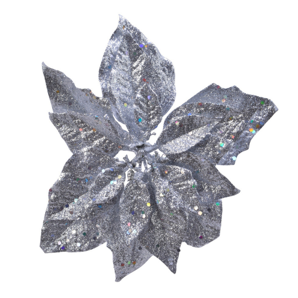 1x stuks decoratie bloemen kerstster zilver glitter op clip 23 cm