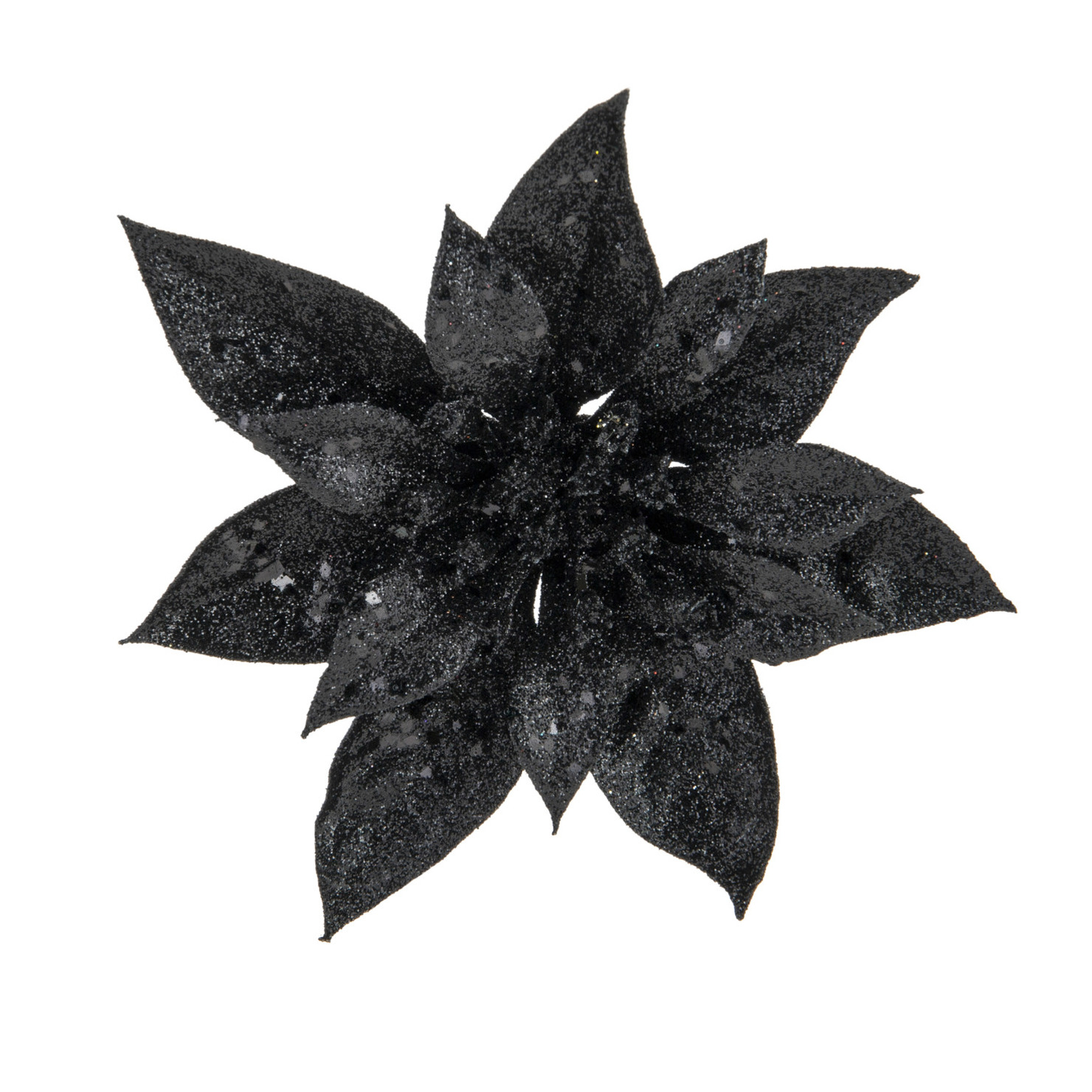 1x stuks decoratie bloemen kerstster zwart glitter op clip 15 cm