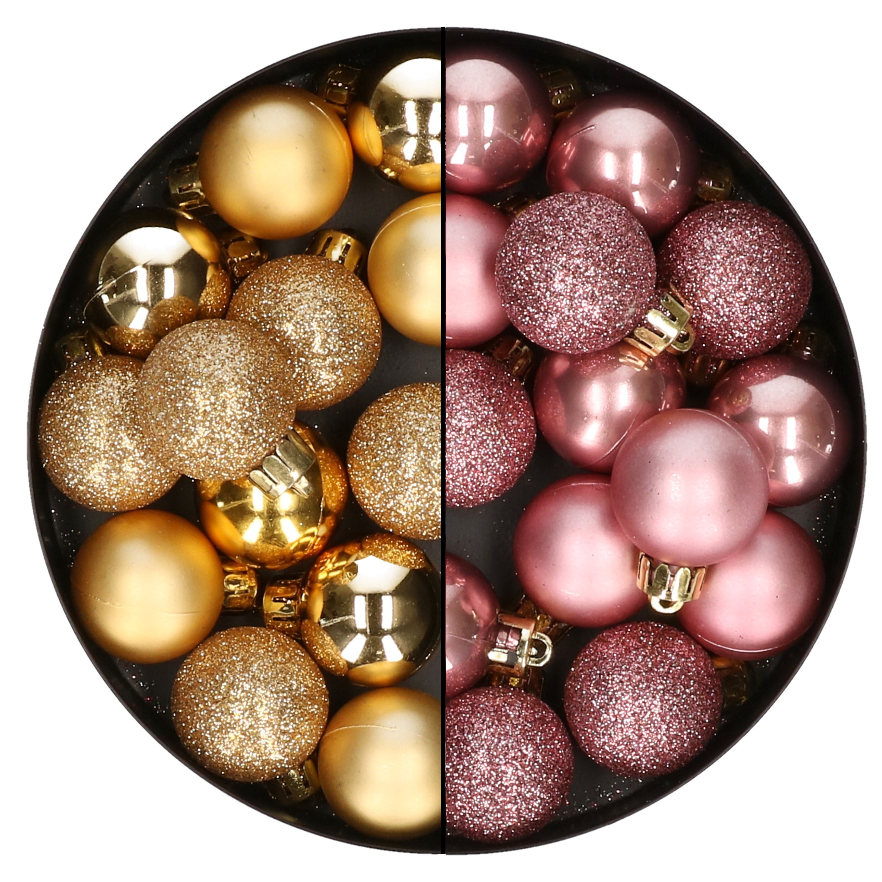 28x stuks kleine kunststof kerstballen velvet roze en goud 3 cm