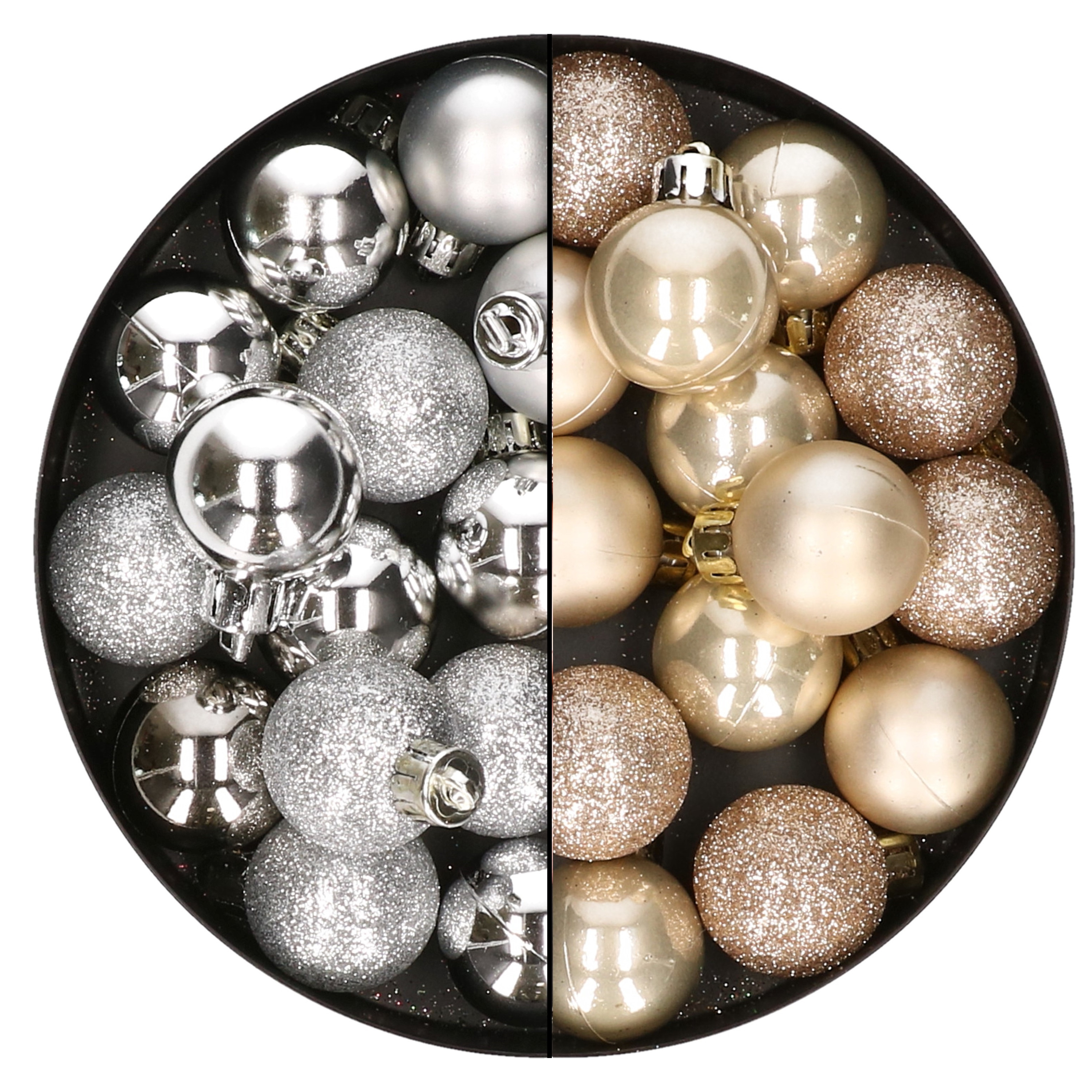 28x stuks kleine kunststof kerstballen zilver en champagne 3 cm