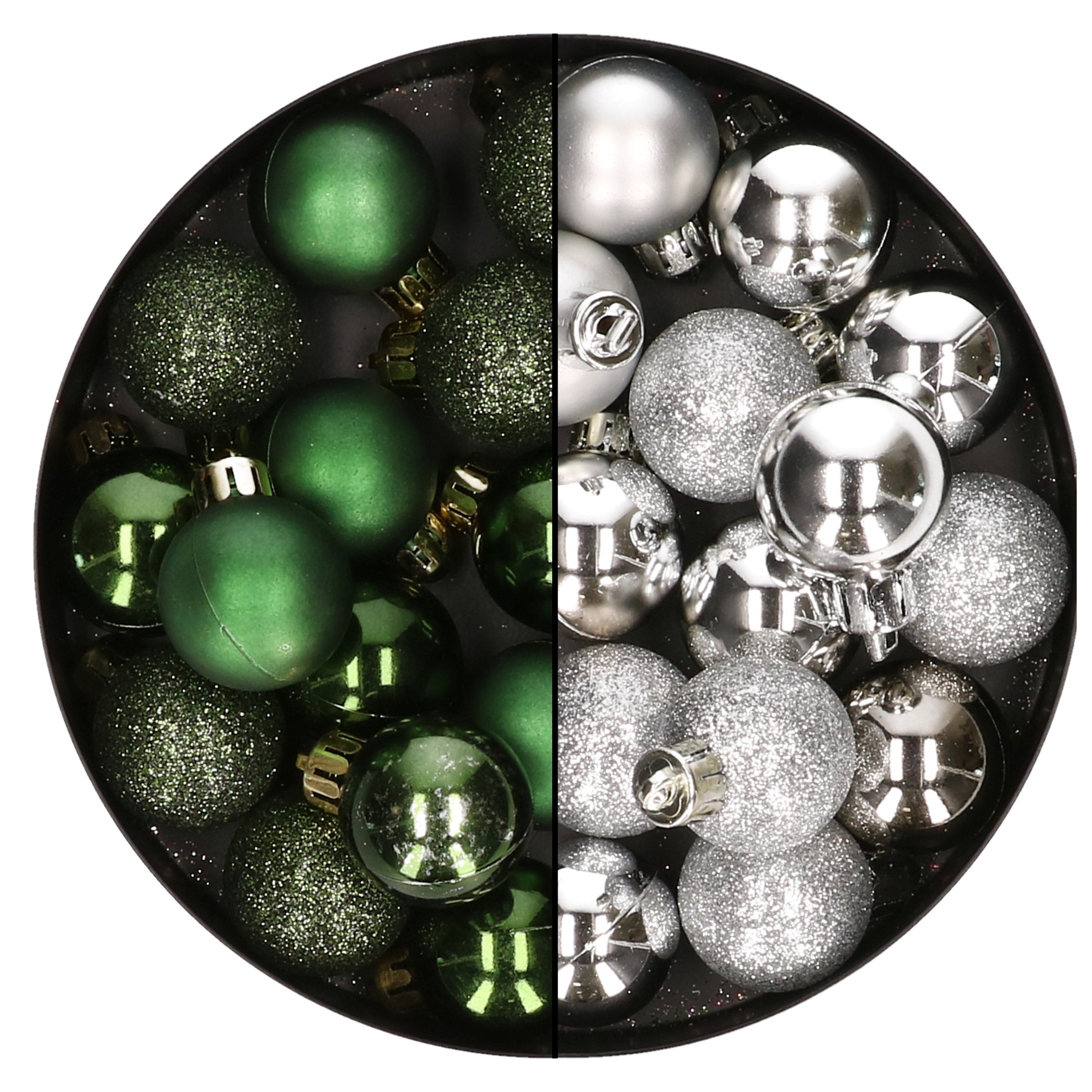 28x stuks kleine kunststof kerstballen zilver en dennengroen 3 cm