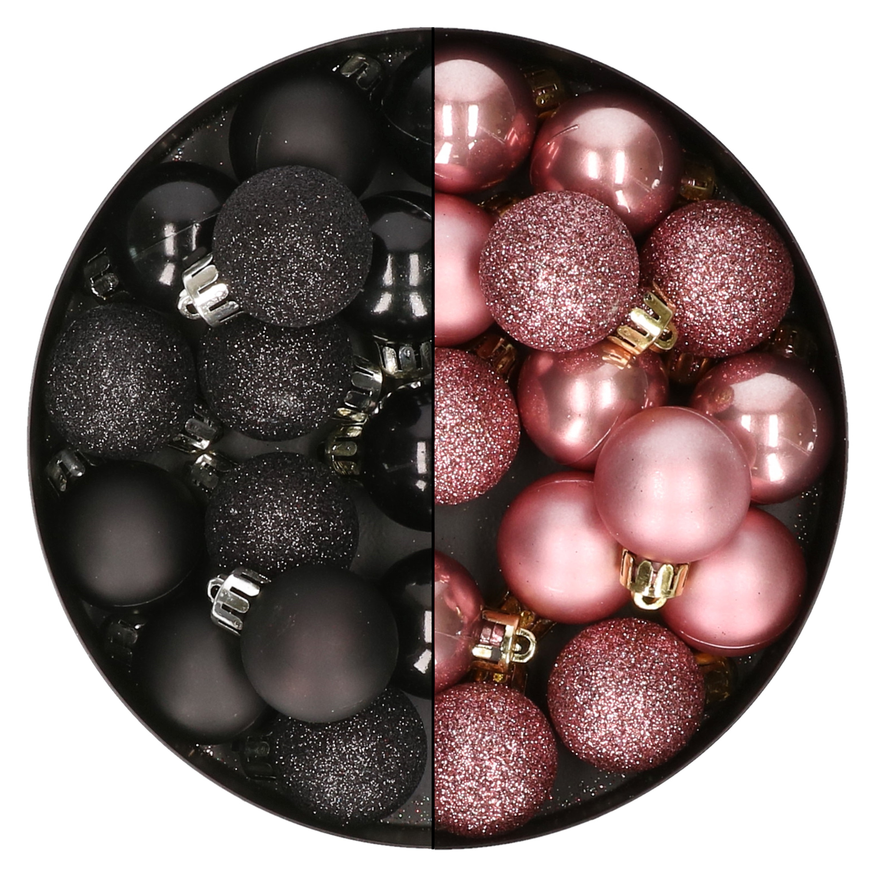 28x stuks kleine kunststof kerstballen zwart en velvet roze 3 cm