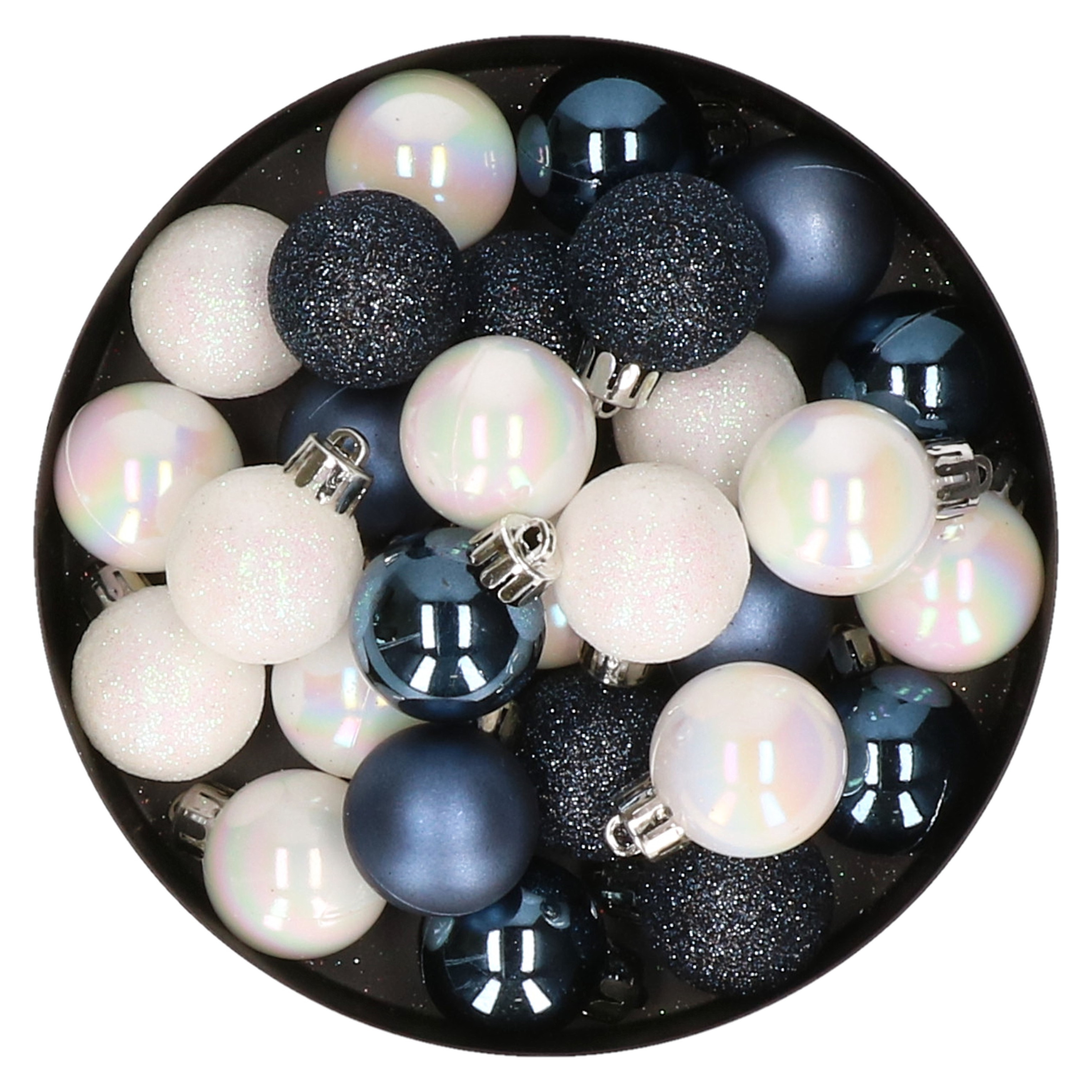 28x stuks kunststof kerstballen parelmoer wit en donkerblauw mix 3 cm
