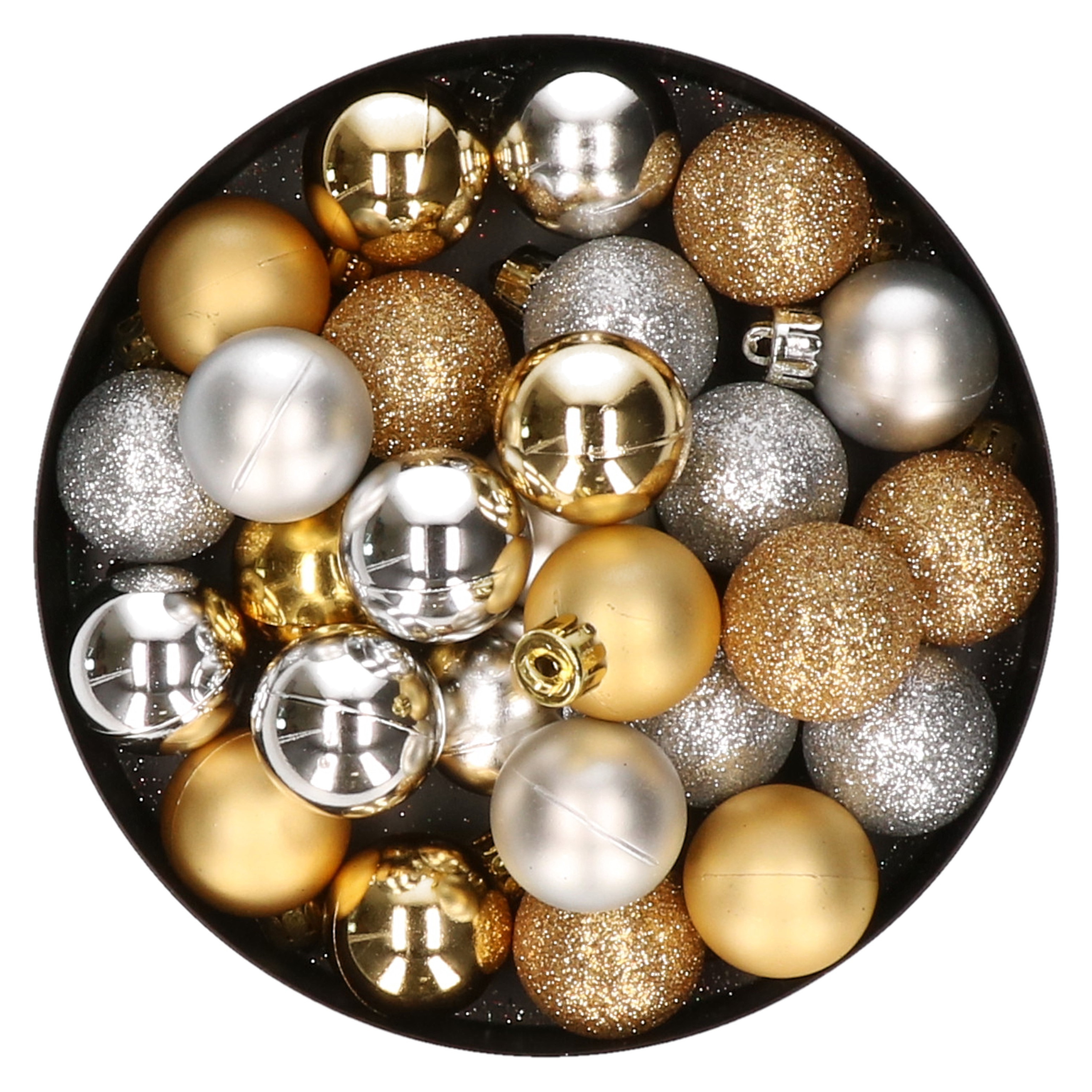 28x stuks kunststof kerstballen zilver en goud mix 3 cm
