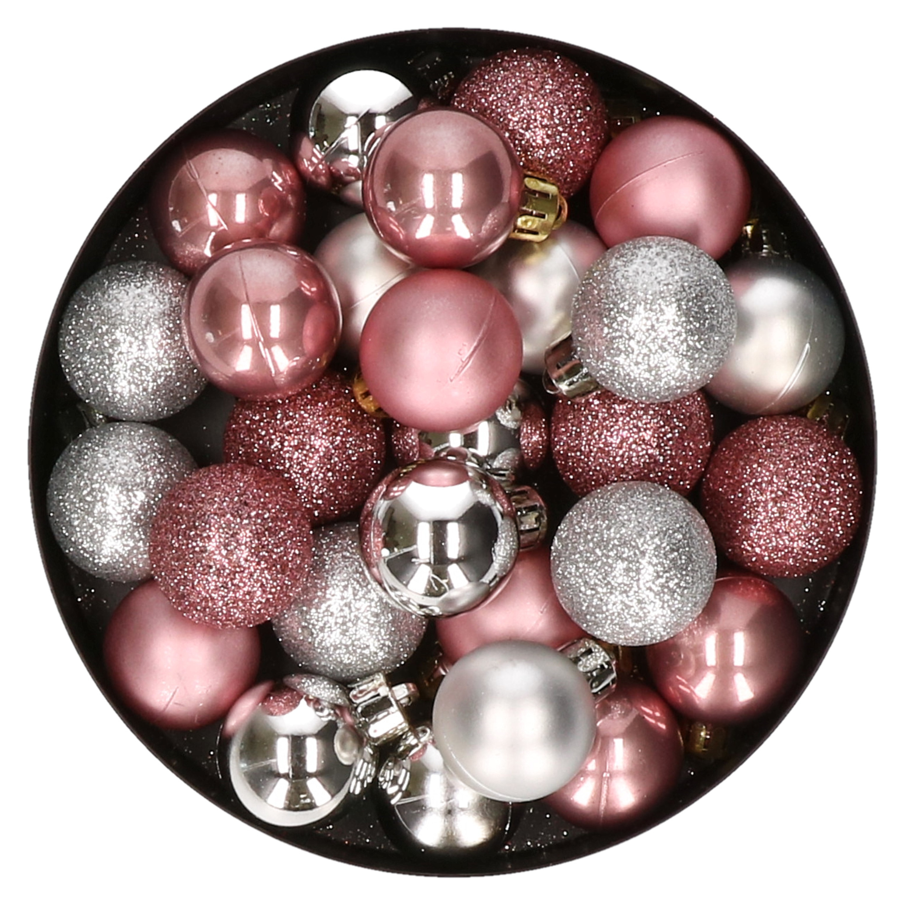 28x stuks kunststof kerstballen zilver en oudroze mix 3 cm
