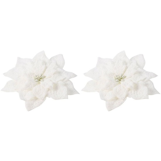 2x Kerstboomversiering op clip witte besneeuwde bloem 15 cm