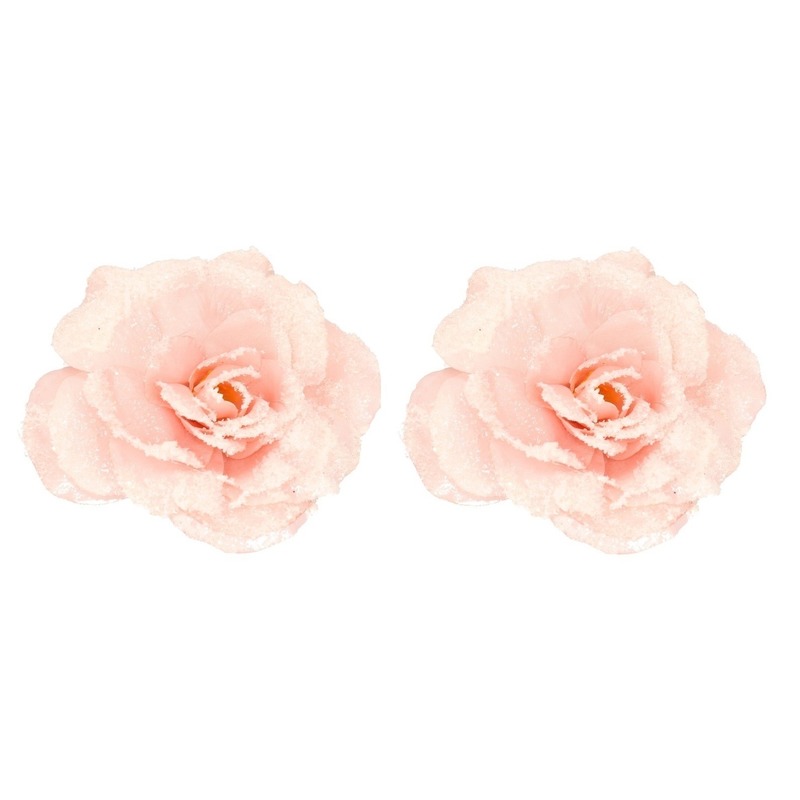 2x Roze roos kerstversiering clip decoratie 12 cm
