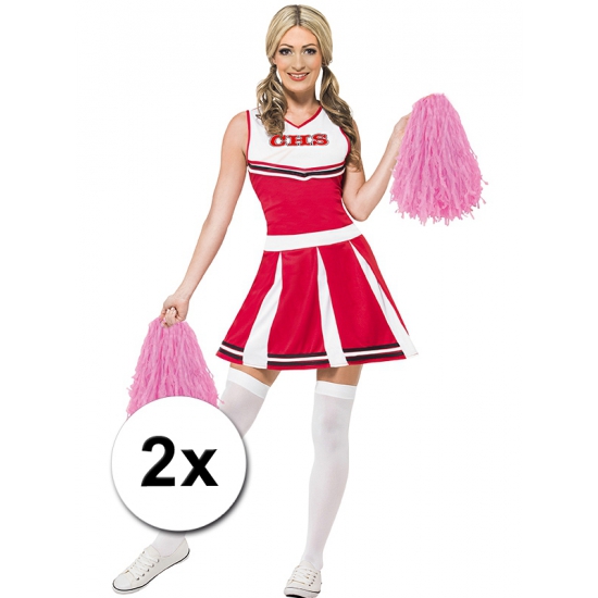 2x Stuks cheerball-pompom roze met ringgreep 28 cm