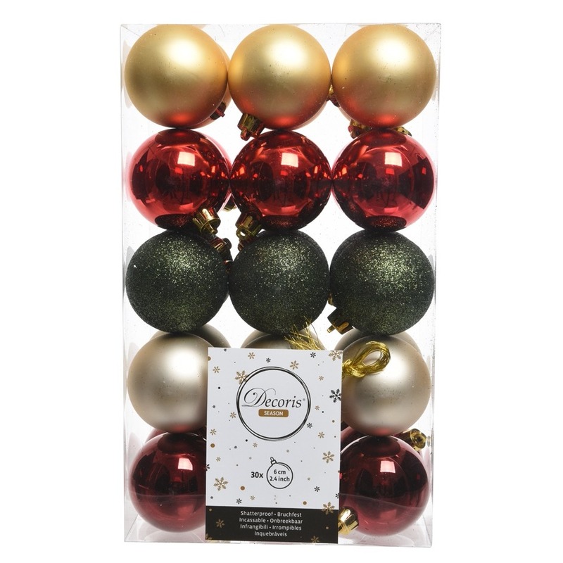 30x Rood-groen-gouden kerstballenset kunststof 6 cm