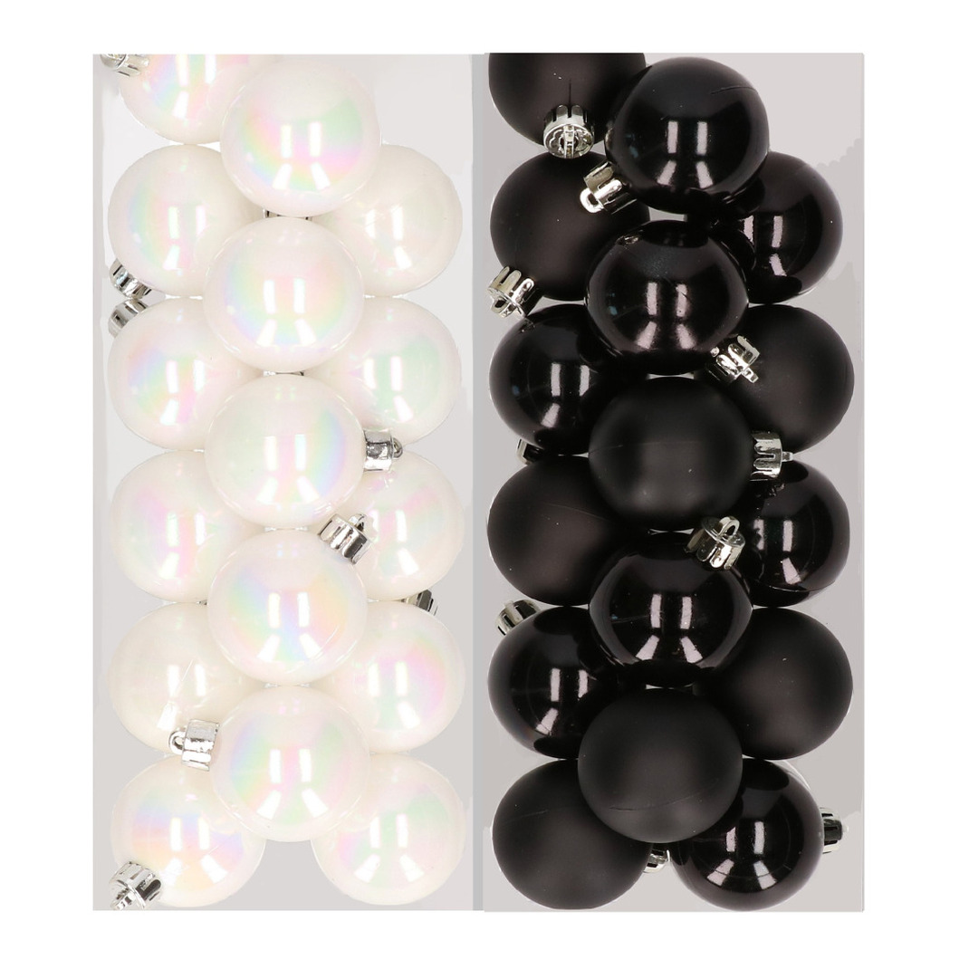 32x stuks kunststof kerstballen mix van parelmoer wit en zwart 4 cm