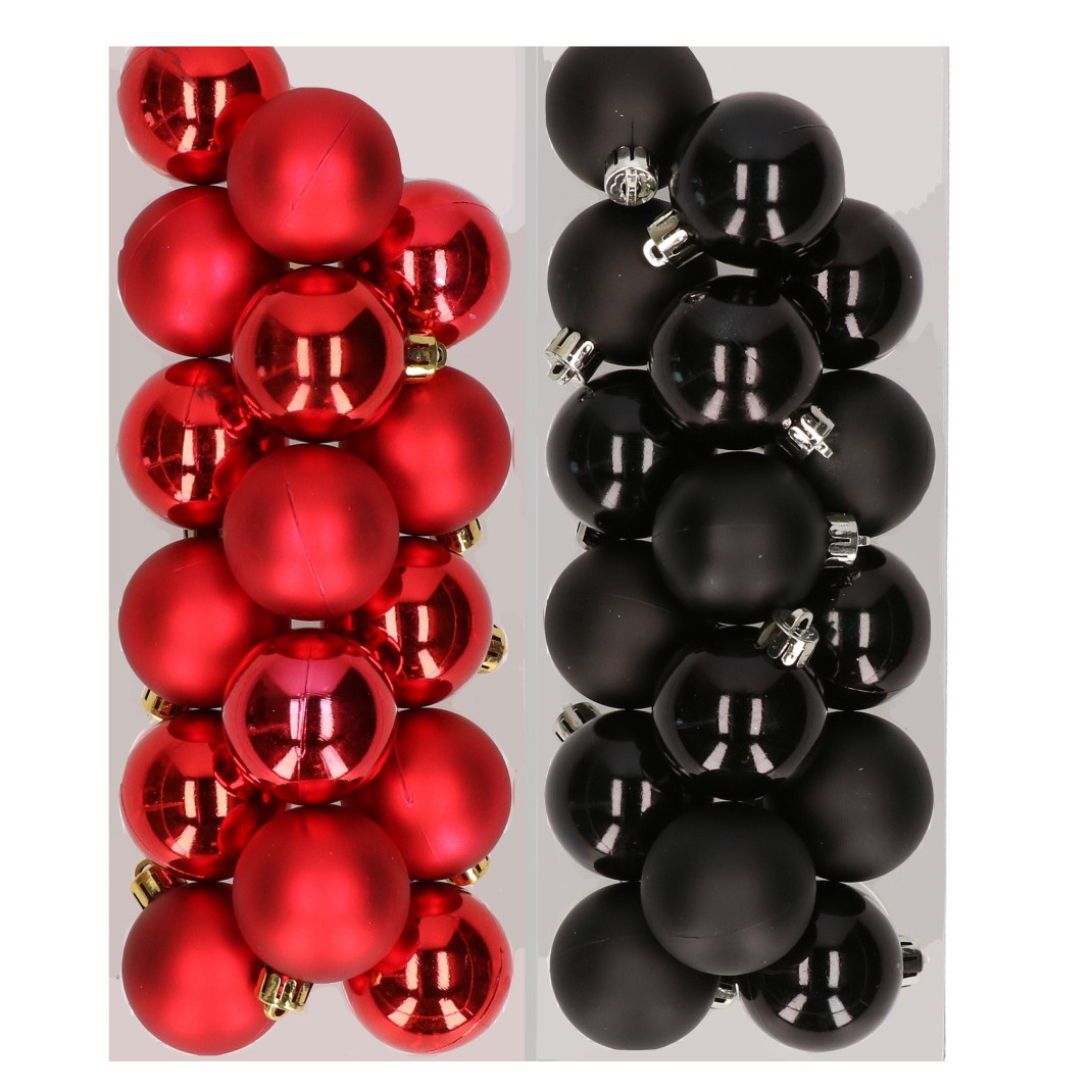 32x stuks kunststof kerstballen mix van rood en zwart 4 cm