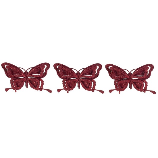 3x Kerst decoratie vlinders bordeaux rood 14 x 10 cm