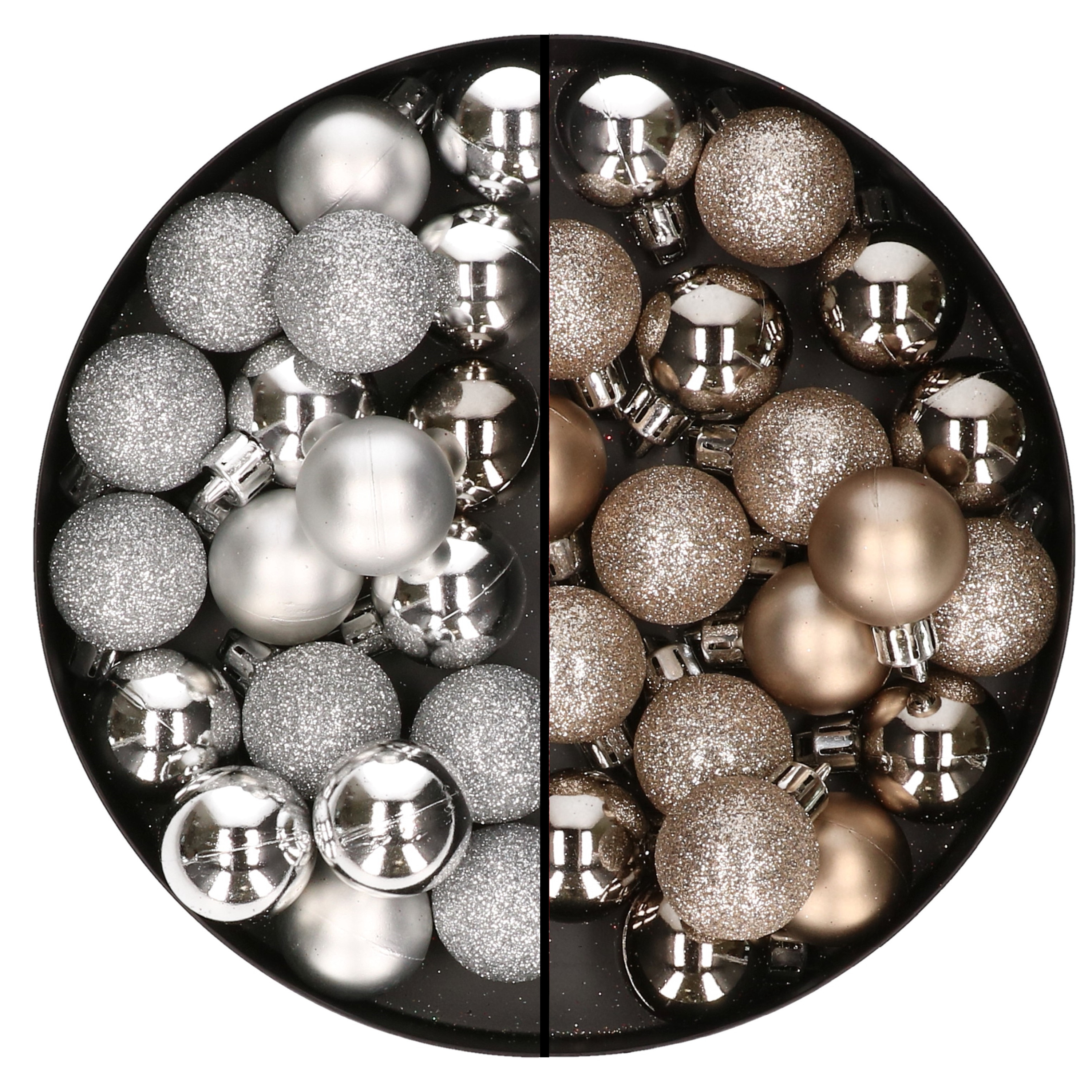 40x stuks kleine kunststof kerstballen champagne en zilver 3 cm