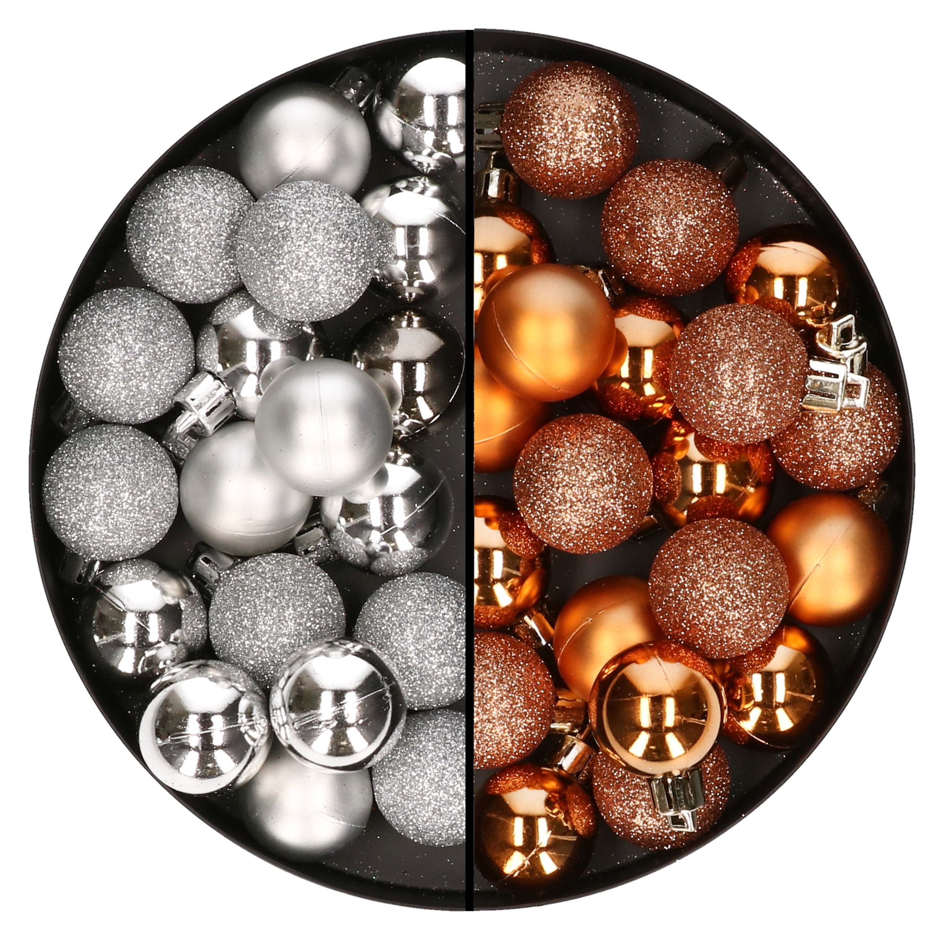 40x stuks kleine kunststof kerstballen koper en zilver 3 cm