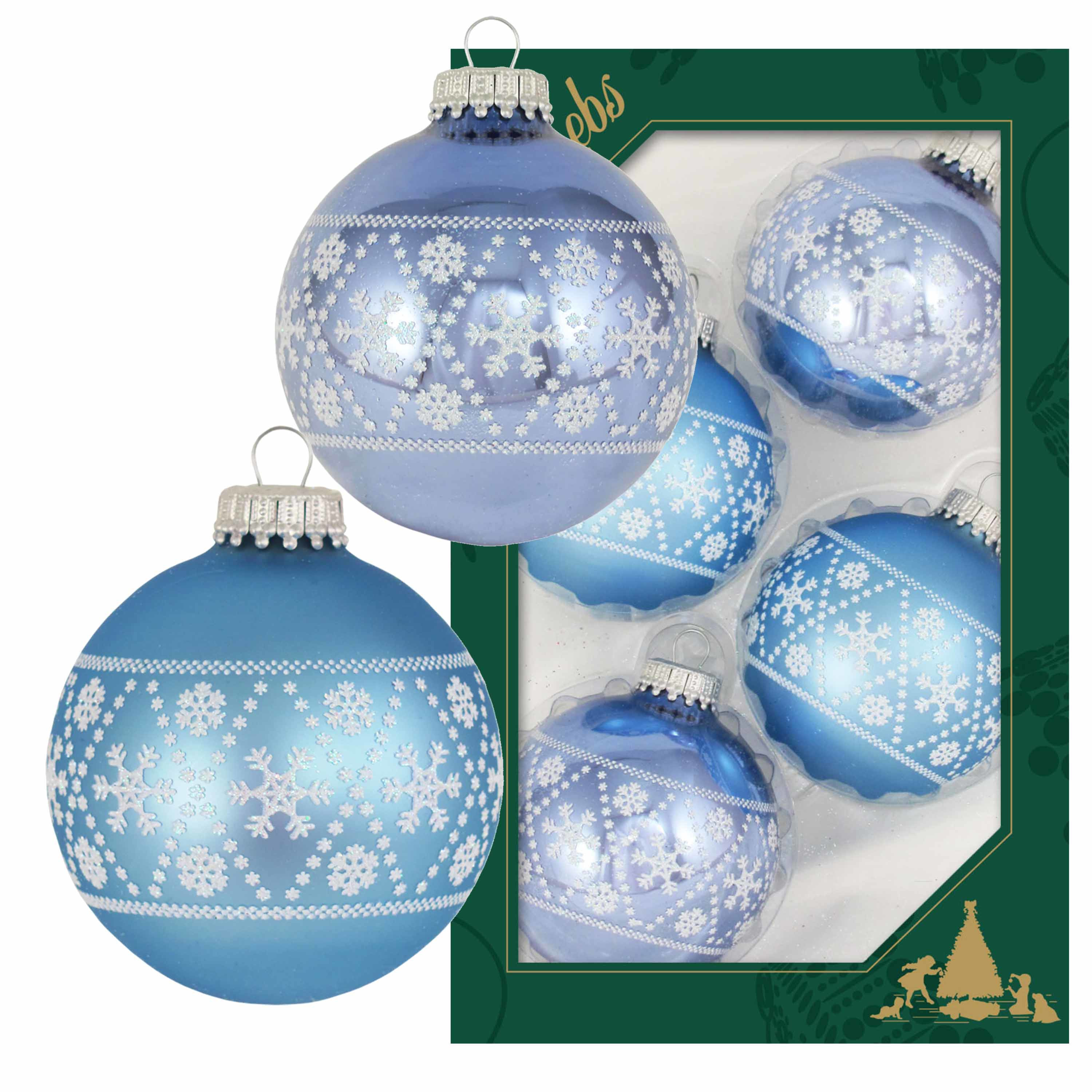 4x Luxe blauwe glazen kerstballen met witte sneeuwvlokken 7 cm