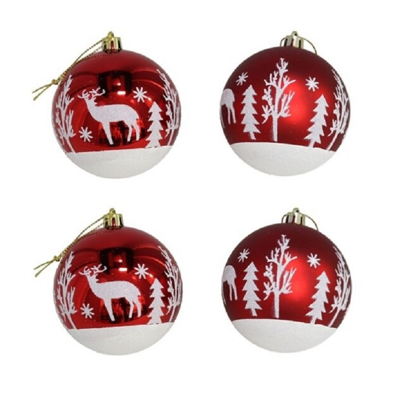 4x stuks gedecoreerde kerstballen rood kunststof 8 cm