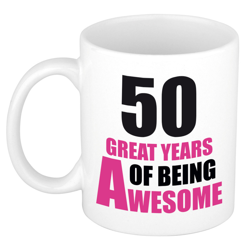 50 great years of being awesome cadeau mok-beker wit en roze Sarah-50 jaar