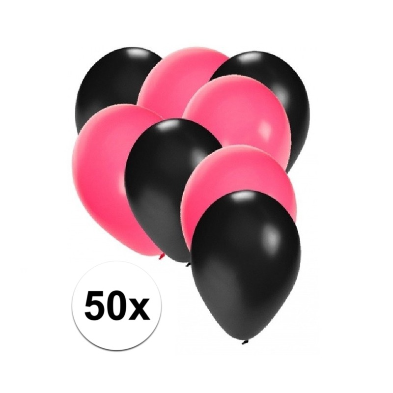 50x ballonnen 27 cm zwart-roze versiering