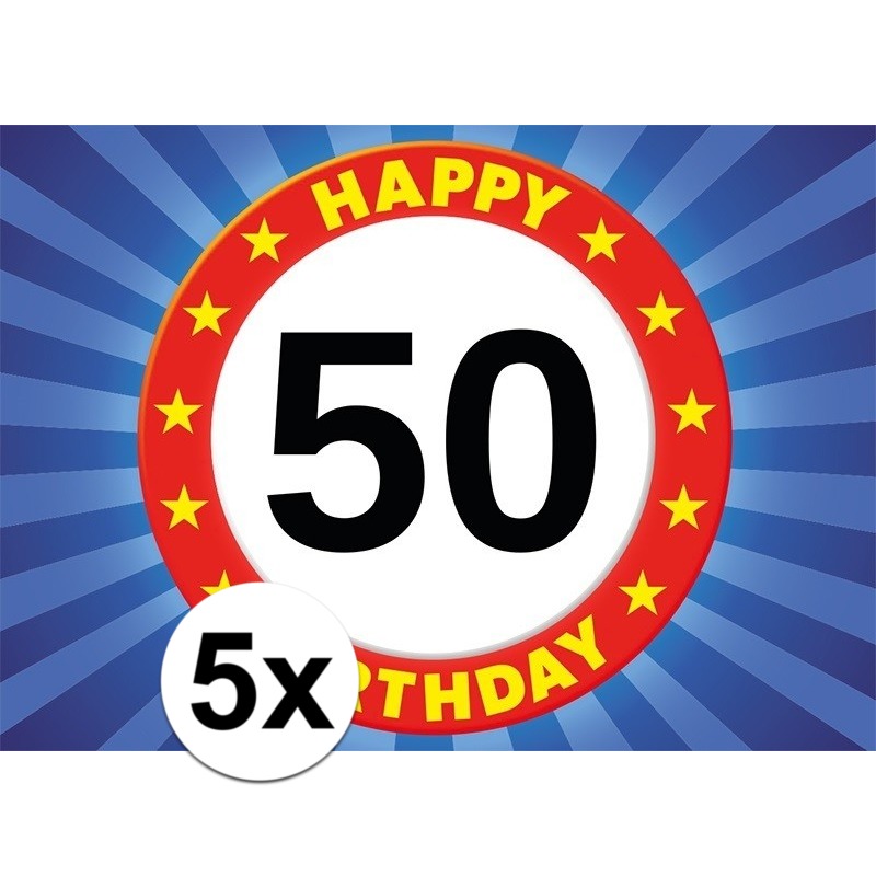 5x 50 jaar leeftijd stickers 7,5 x 10,5 cm verjaardag versiering