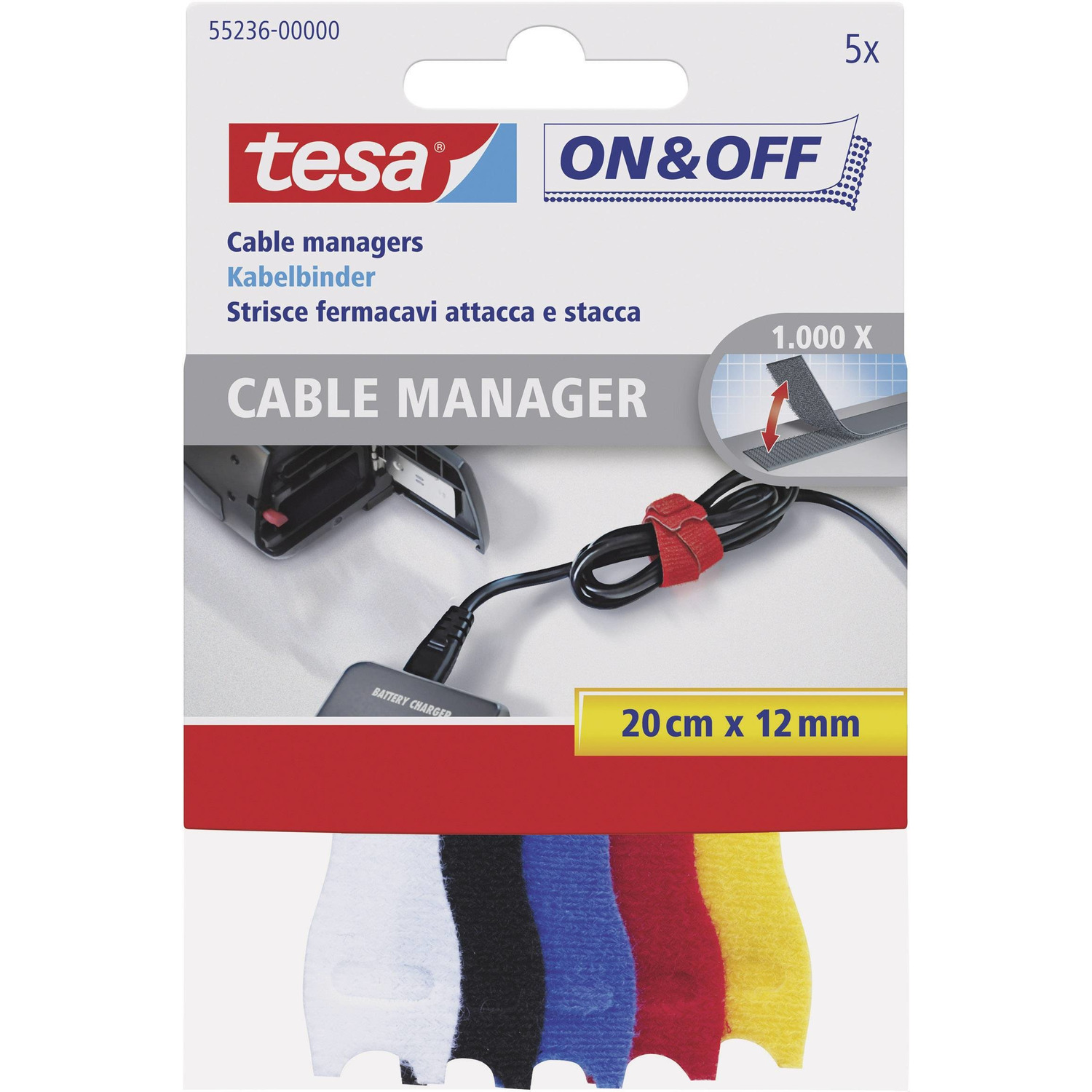 5x Tesa klittenband voor kabels Cable Manager gekleurd 20 cm