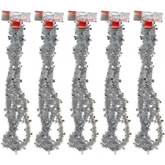 5x Zilveren tinsel kerstslingers met sterren 270 cm