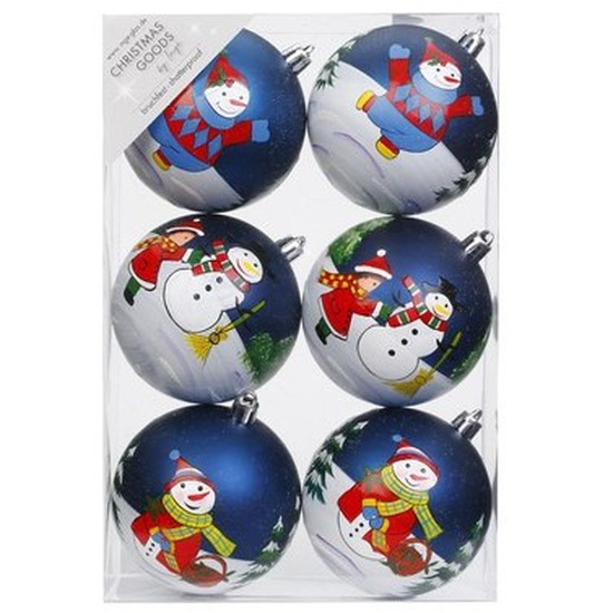 6x Blauwe kerstballen 8 cm kunststof met print