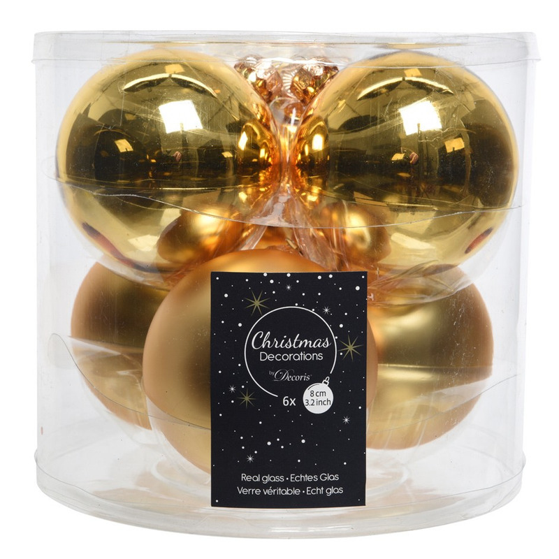 6x Gouden glazen kerstballen 8 cm glans en mat