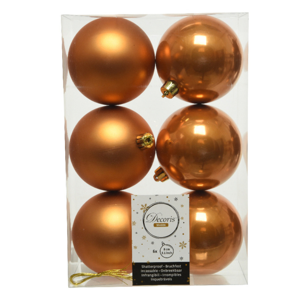 6x stuks kunststof kerstballen cognac bruin (amber) 8 cm glans-mat