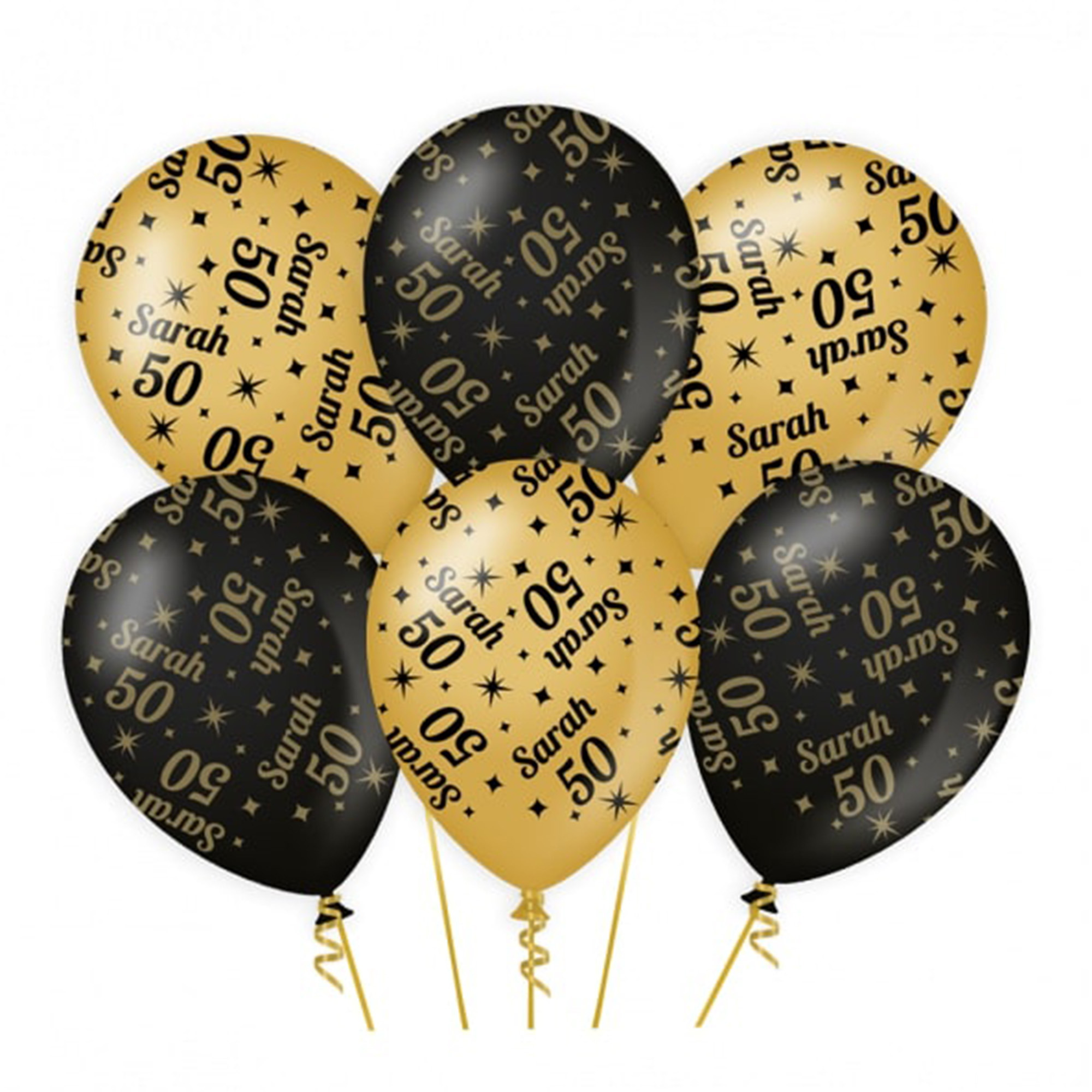 6x stuks luxe Sarah-50 jaar feest ballonnen goud-zwart latex ca 30 cm