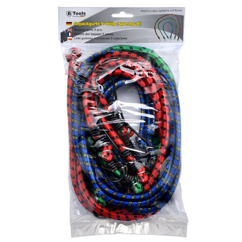 9x Bagagespinnen-snelbinders groen-rood-blauw 60-80-100 cm