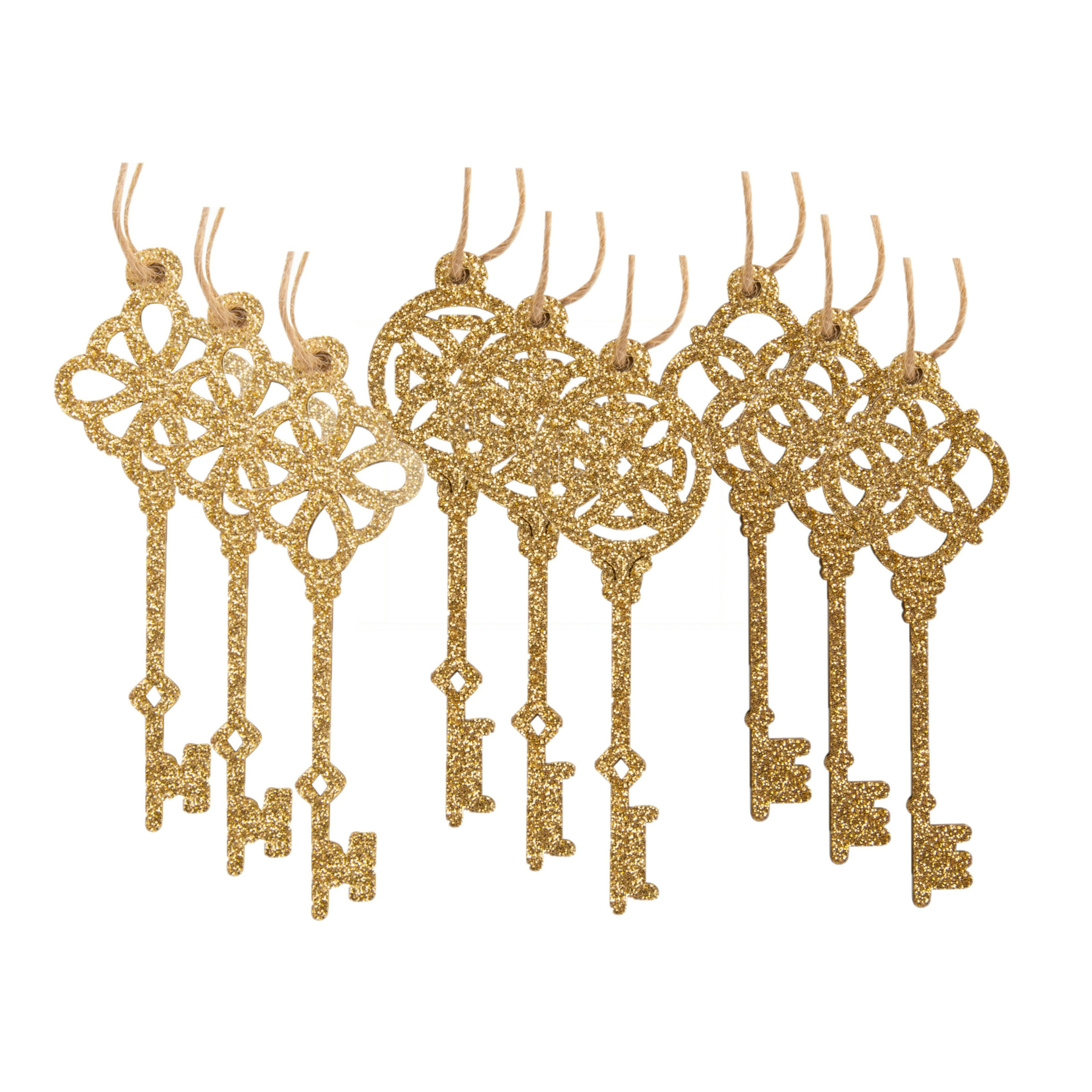 9x stuks sleutels kersthangers glitter goud van hout 10,5 cm kerstornamenten