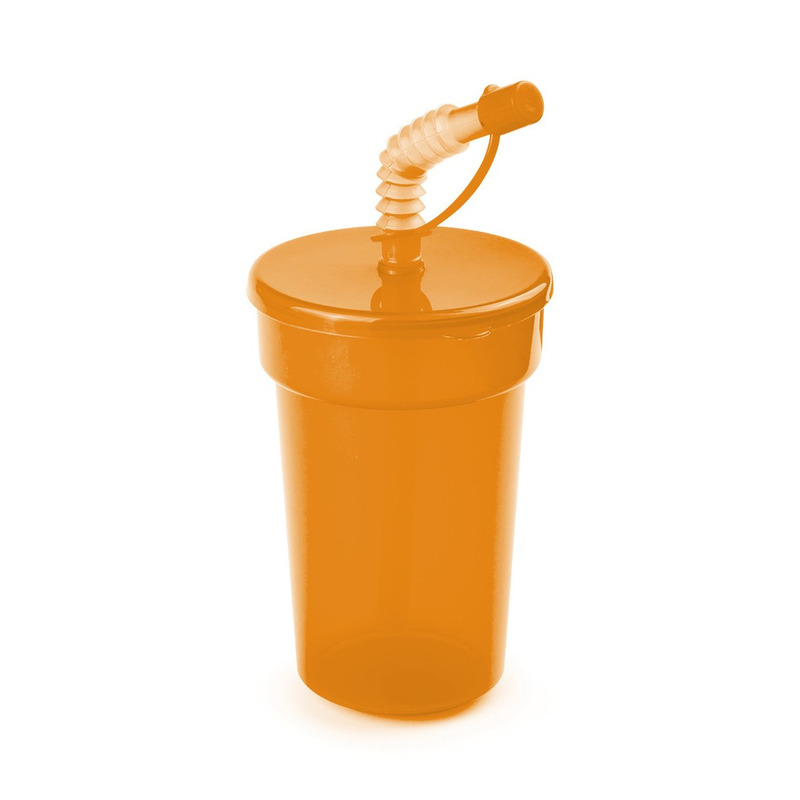 Afsluitbare drinkbeker oranje 400 ml met rietje