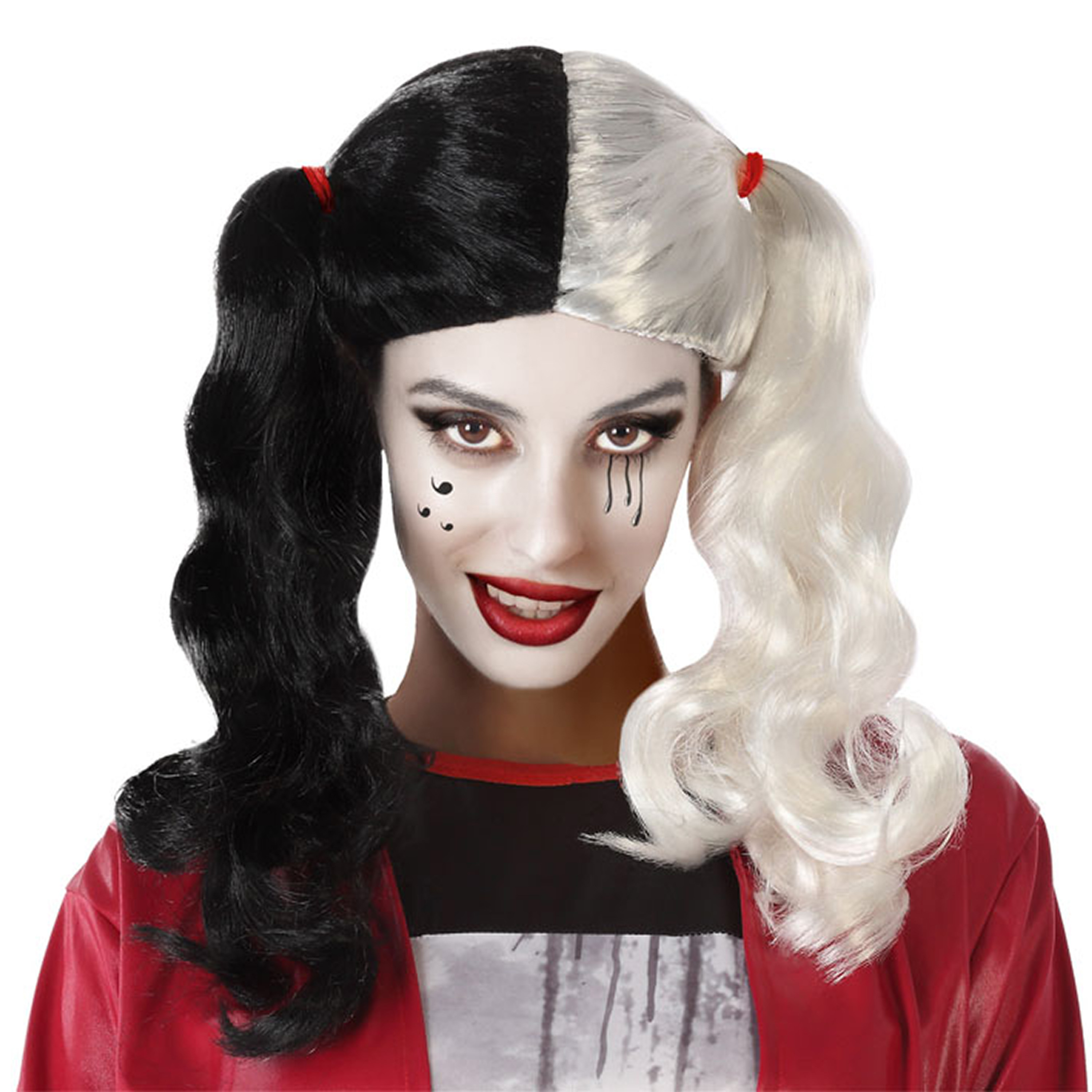 Atosa Halloween verkleedpruik lang haar met staartjes zwart-wit dames
