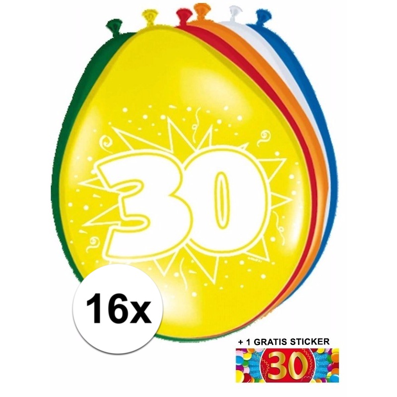 Ballonnen 30 jaar van 30 cm 16 stuks + gratis sticker