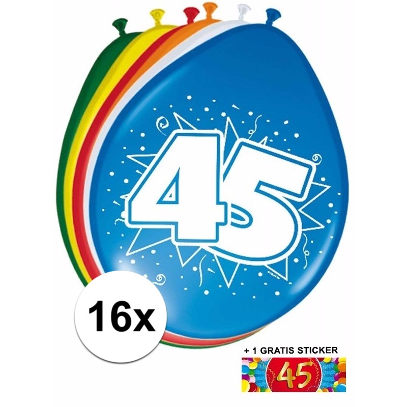 Ballonnen 45 jaar van 30 cm 16 stuks + gratis sticker